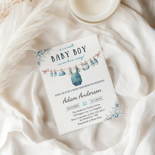 Blue Baby Boy Clothesline Baby shower Kaart