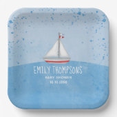 Blue Baby Boy Douche Waterverf Zeilboot Papieren Bordje (Voorkant)