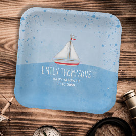 Blue Baby Boy Douche Waterverf Zeilboot Papieren Bordje