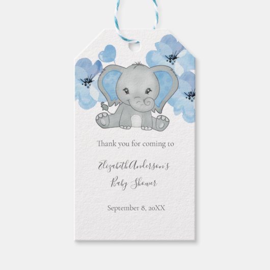 Blue Baby Boy Elephant Baby shower Flowers ballon Cadeaulabel (Voorkant)