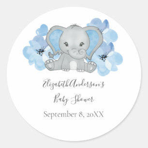 Blue Baby Boy Elephant Baby shower Flowers ballon Ronde Sticker