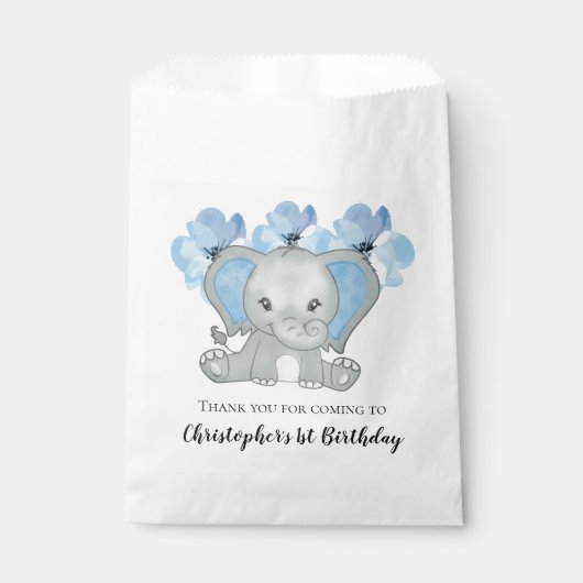 Blue Baby Boy Elephant Flowers 1st Birthday Bedankzakje (Voorkant)