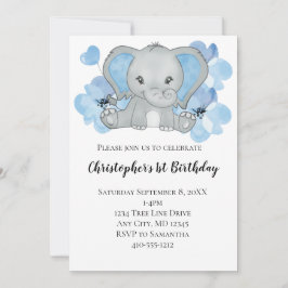 Blue Baby Boy Elephant Flowers Balloons Birthday I Kaart