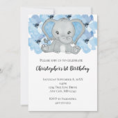 Blue Baby Boy Elephant Flowers First Birthday Kaart (Voorkant)