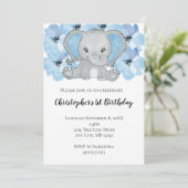 Blue Baby Boy Elephant Flowers First Birthday Kaart (Staand voorkant)