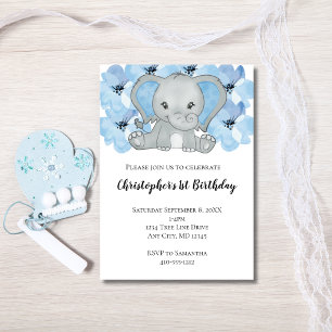 Blue Baby Boy Elephant Flowers First Birthday Kaart