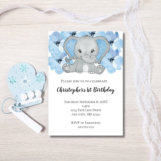 Blue Baby Boy Elephant Flowers First Birthday Kaart