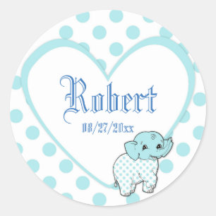 Blue Baby Boy Elephant Heart en Polka Dots Ronde Sticker