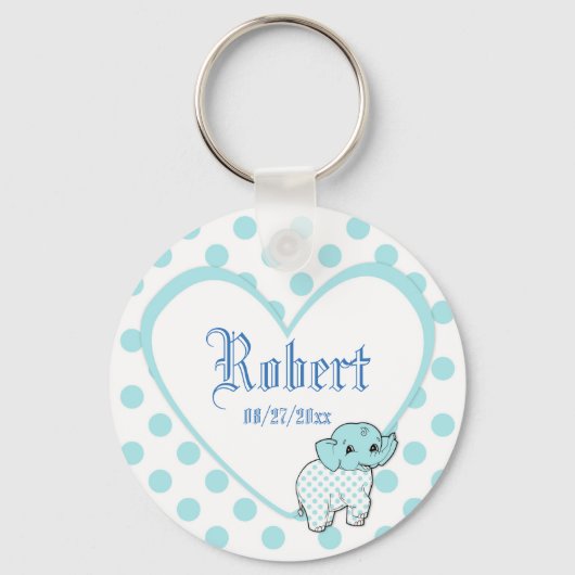 Blue Baby Boy Elephant Heart en Polka Dots Sleutelhanger (Voorkant)