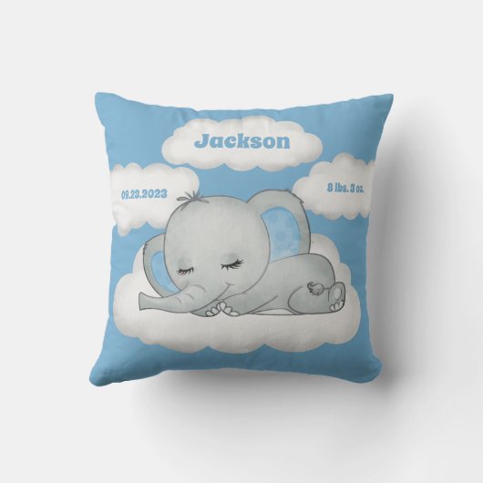 Blue Baby Boy Elephant Keepomwille Name Birth Stat Kussen (Achterkant)