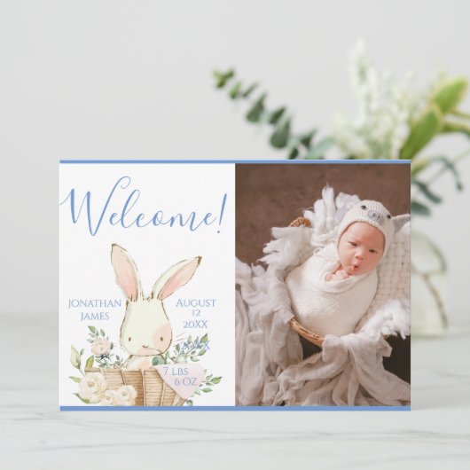 Blue Baby Boy Fotoscript geboorte Aankondiging (Staand voorkant)