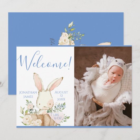Blue Baby Boy Fotoscript geboorte Aankondiging (Voorkant / Achterkant)