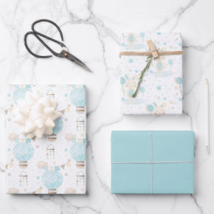 Blue Baby Boy Hot Air-ballonnen en konijn Inpakpapier Vel