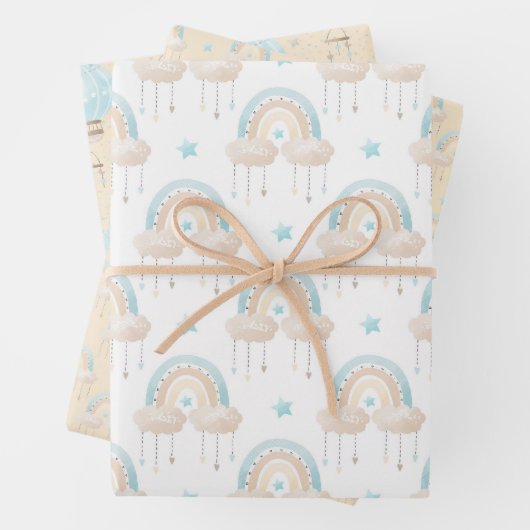 Blue Baby Boy Hot Air-ballonnen en regenboogstraal Inpakpapier Vel (In situ)