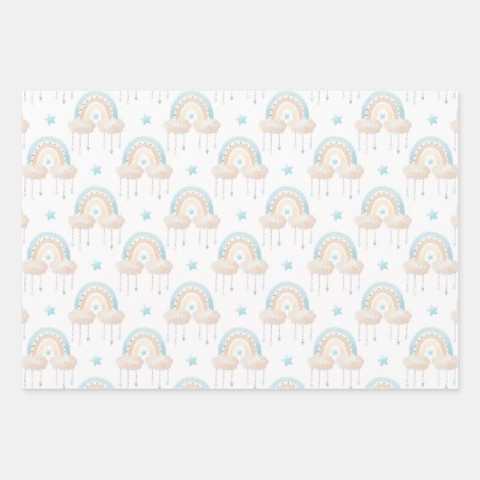 Blue Baby Boy Hot Air-ballonnen en regenboogstraal Inpakpapier Vel (Voorkant)