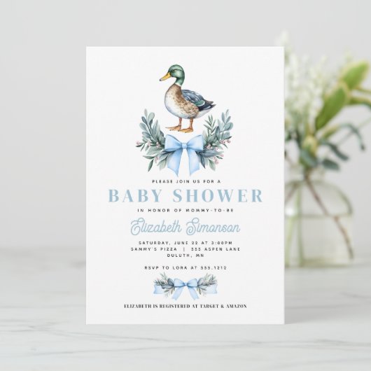 Blue Baby Boy Mallard Duck Baby shower Kaart (Staand voorkant)