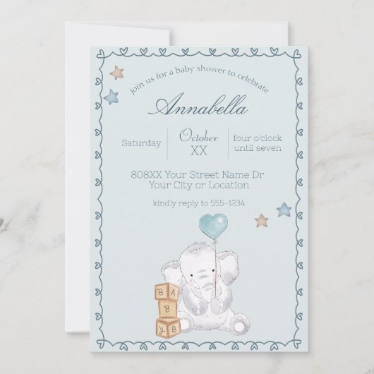Blue Baby Boy Olifant en Ballon Waterverf Kaart (Voorkant)