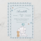 Blue Baby Boy Olifant en Ballon Waterverf Kaart (Voorkant / Achterkant)