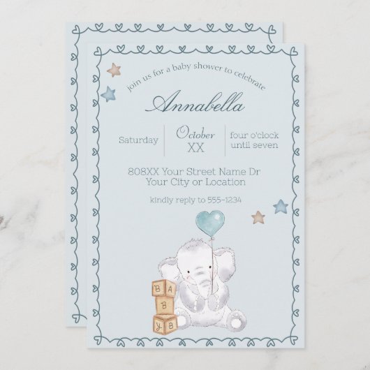 Blue Baby Boy Olifant en Ballon Waterverf Kaart (Voorkant / Achterkant)