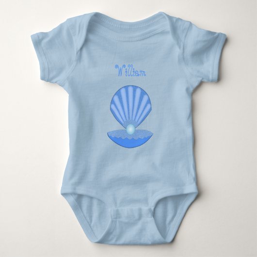 Blue Baby Boy Oyster shell en Pearl Custom Name Romper (Voorkant)