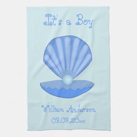 Blue Baby Boy Oyster shell en Pearl Custom Theedoek (Verticaal)