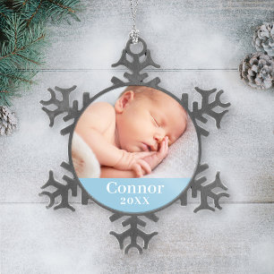 Blue Baby Boy Persoonlijke naam Foto Tin Sneeuwvlok Ornament