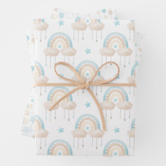 Blue Baby Boy Rainbow en Rabbit Wrapping Paper Sh (In situ)