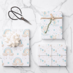 Blue Baby Boy Rainbow en Rabbit Wrapping Paper Sh