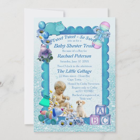 Blue Baby Boy Shower Tweets Uitnodiging (Voorkant)