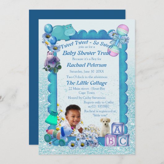 Blue Baby Boy Shower Tweets Uitnodiging (Voorkant / Achterkant)