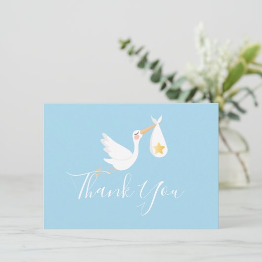 Blue Baby Boy Stork Gold Star Script Bedankt (Staand voorkant)