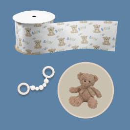 Blue Baby Boy Teddy Bear Waterverf Baby Satijnen Lint