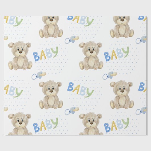 Blue Baby Boy Teddy Bear Waterverf Baby shower Cadeaupapier (Vlak)