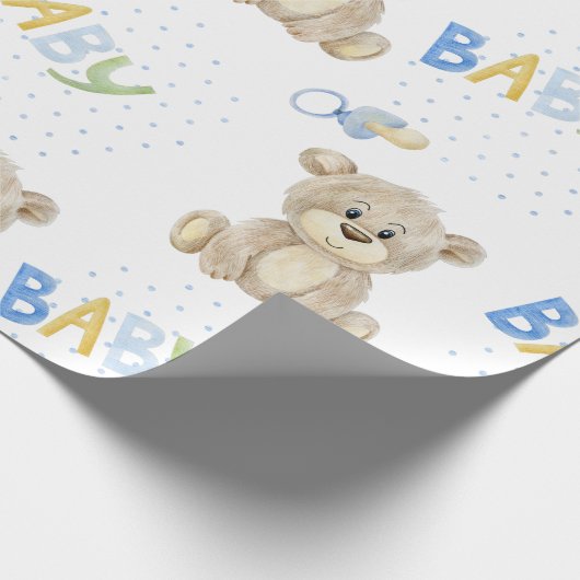 Blue Baby Boy Teddy Bear Waterverf Baby shower Cadeaupapier (Hoek)