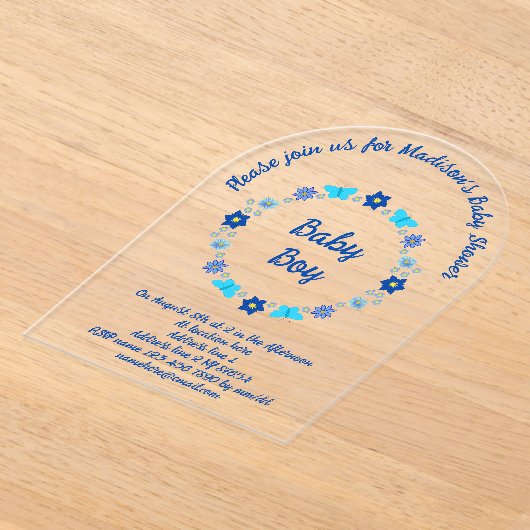 Blue Baby Boy Vlinders en Bloemen Baby shower Acryl Uitnodigingen (Laagn)