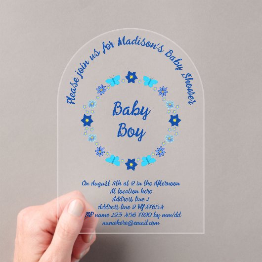 Blue Baby Boy Vlinders en Bloemen Baby shower Acryl Uitnodigingen (Insitu (Draagbaar))