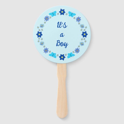 Blue Baby Boy Vlinders en Bloemen Baby shower Handwaaier (Voorkant)