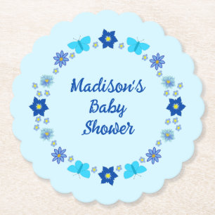 Blue Baby Boy Vlinders en Bloemen Baby shower Kartonnen Onderzetters