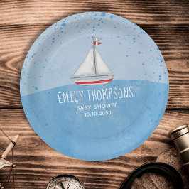 Blue Baby Boy Waterverf Zeilboot Douche Custom Papieren Bordje