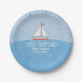 Blue Baby Boy Waterverf Zeilboot Douche Custom Papieren Bordje (Voorkant)