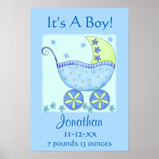 Blue Baby Buggy Boy Name Birth Announounding Art Poster (Voorkant)