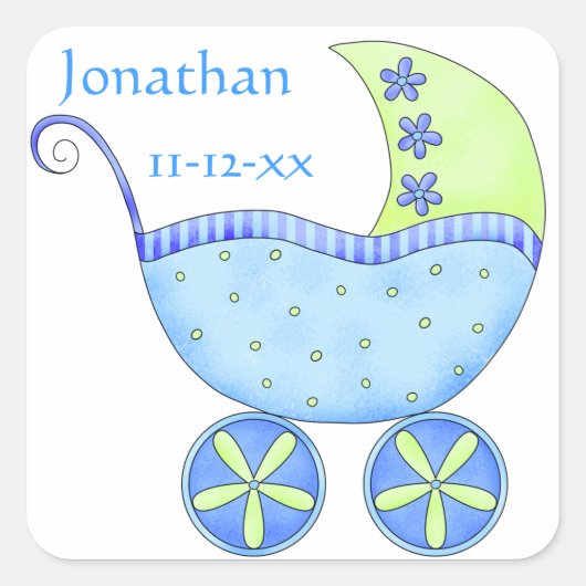 Blue Baby Buggy Boy Name Birth Date Notice Vierkante Sticker (Voorkant)