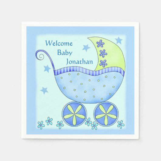 Blue Baby Buggy Boy Welcome Party Shower Servet (Voorkant)