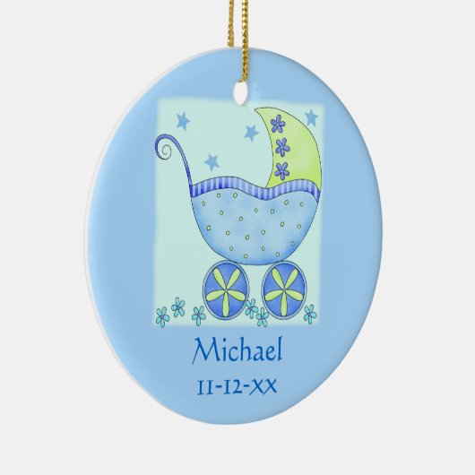 Blue Baby Buggy Carriage Name Birth Date Custom Keramisch Ornament (Rechts)