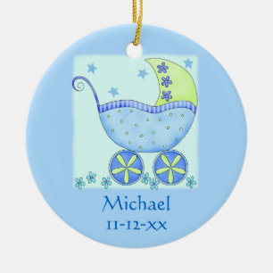 Blue Baby Buggy Carriage Name Birth Date Custom Keramisch Ornament