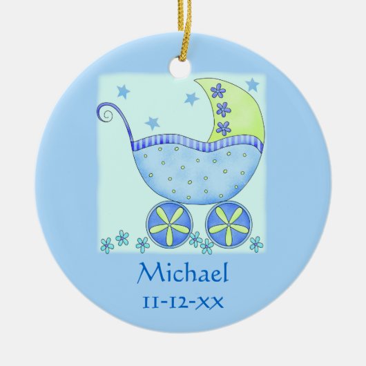Blue Baby Buggy Carriage Name Birth Date Custom Keramisch Ornament (Voorkant)