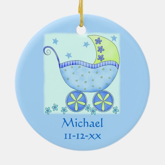 Blue Baby Buggy Carriage Name Birth Date Custom Keramisch Ornament (Achterkant)