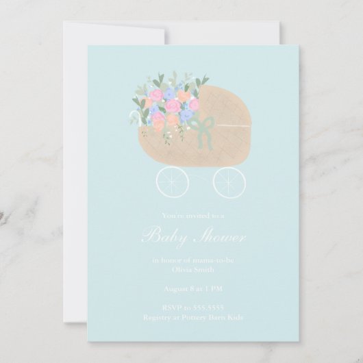 Blue Baby Carriage Baby shower Invitation Kaart (Voorkant)