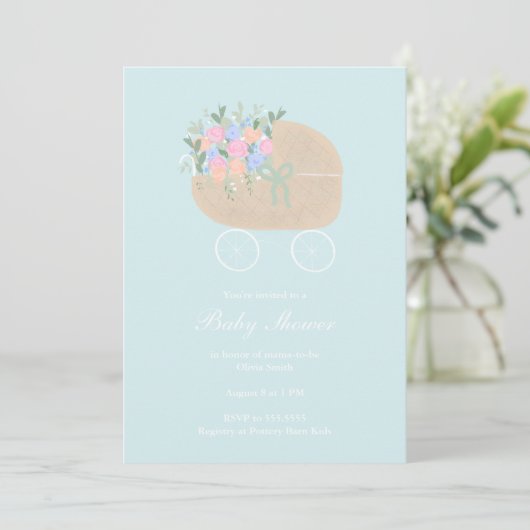 Blue Baby Carriage Baby shower Invitation Kaart (Staand voorkant)