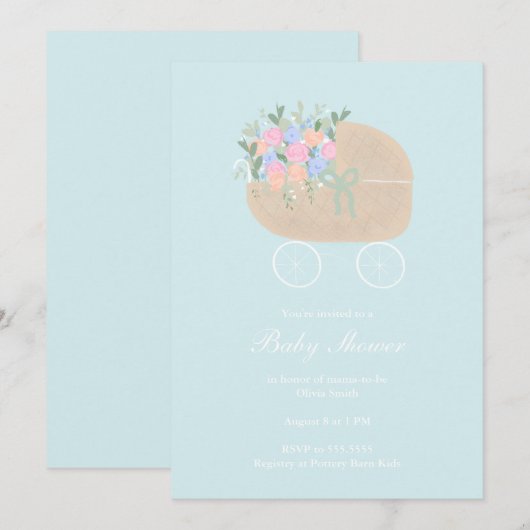 Blue Baby Carriage Baby shower Invitation Kaart (Voorkant / Achterkant)